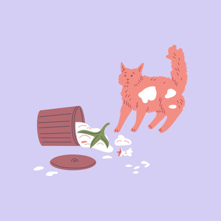 Pet mess and clutter, overturned trash can, scattered garbage, naughty ginger cat bad behavior vector illustrationのイラスト素材