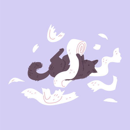 Naughty black cat chewing and tearing toilet paper, scattered shreds, bad feline damaging behavior, vector harm pet messのイラスト素材