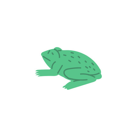 Cute green frog, toad is sitting, childish colorful flat vector illustration of pet reptile,...