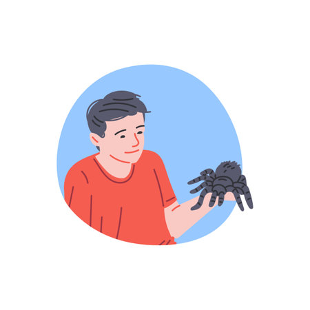 Man holds on hand black fluffy spider, owner with tarantula, vector pet reptile or home insect animal, exotic arachnidのイラスト素材