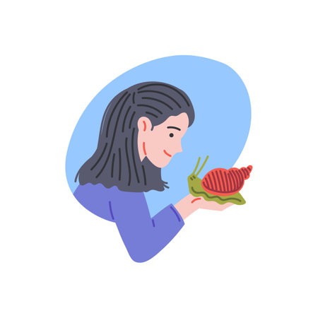 Young woman holding achatina snail and smiling, cartoon happy owner of exotic domestic pet reptile vector illustrationのイラスト素材