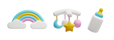 3d colorful rainbow, bottle with pacifier and carousel, entertaining newborn toys and nutrition cartoon vector setのイラスト素材