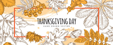 Autumn leaves, rowanberry on Thanksgiving day poster, fallen oak, maple, rowan, chestnut leaf hand drawn vectorのイラスト素材