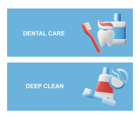 3D realistic oral care products, toothbrush, toothpaste, dental floss and rinse aid, dental hygiene vector flyers setのイラスト素材