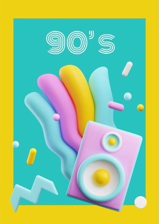 Poster or vertical banner about retro music and 90s vibe 3D style