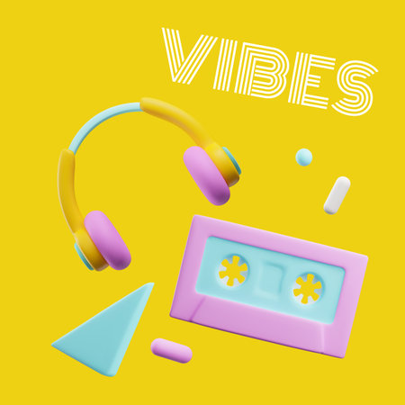 Retro music vibes poster or banner template, 3D realistic render illustration.
