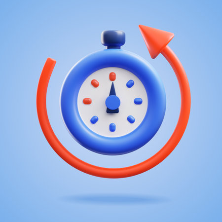 3D stopwatch with red arrow, blue timer with button, vector realistic measurement, countdown, deadline, time managementのイラスト素材