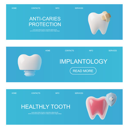 3D healthy and sick tooth, implant, stomatology and implantology design for landing page set of professional serviceのイラスト素材