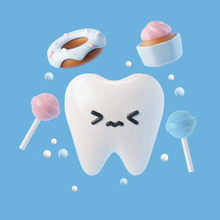 3D vector sad white tooth feel bad because he is exposed to sweets, render unhealthy dental and risk of caries toothacheのイラスト素材