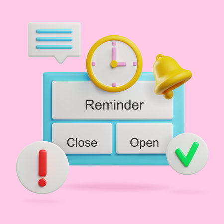 Reminder notification, clock and ringing bell 3D style, vector illustrationのイラスト素材