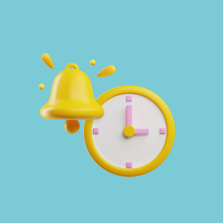 Round clock and ringing bell 3D style, vector illustration