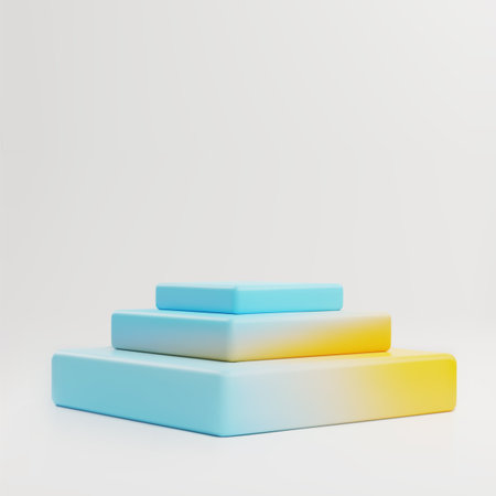 Gradient 3D podium stand, three levels square pedestal, vector volumetric scene mockup for product...