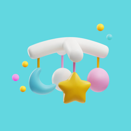 3d colorful baby mobile, carousel, entertaining toy for newborn baby, vector plastic cartoon cute childish accessoriesのイラスト素材