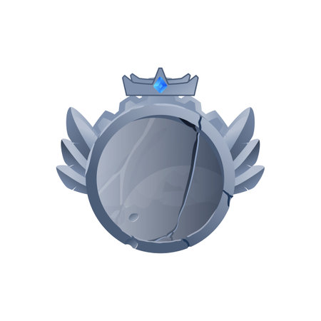 Stone medal, round award badge with gem, crown and wings, vector rock banner with cracked, game level achievement frameのイラスト素材