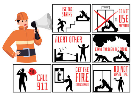 Fire evacuation poster and action plan infographic flat vector illustration.のイラスト素材