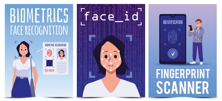 Set of vector posters of Biometrics recognition system, facial scanning, fingerprint scanner for authorization conceptのイラスト素材