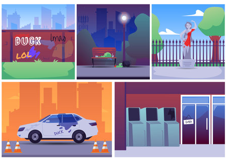 Flat vector set illustration of Vandals damaging, someone painted on wall, car, monument, made graffiti, ruined the property, trash cans, broke the ATMのイラスト素材