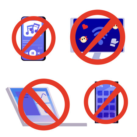 Set of Digital Detox Concept vector icons, Stop sign. Unplugging the phone, computer, laptop, isolated illustrationsのイラスト素材