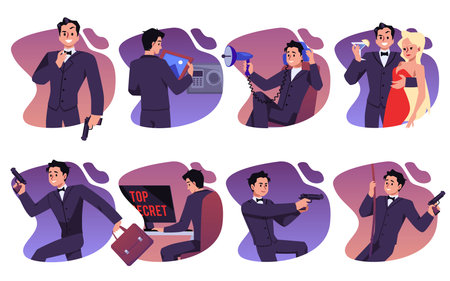 Vector isolated illustration set for secret agent concept on gradient background, cartoon elegant man runs, shoots with gun, overhearsのイラスト素材