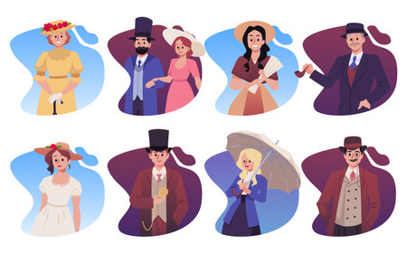 Vector cartoon men, women in classic Victorian style costumes, aristocratic vintage clothing in a gradient frameのイラスト素材