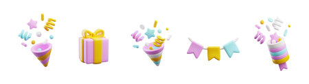 Set of various realistic party poppers, gift box and garland 3D styleのイラスト素材