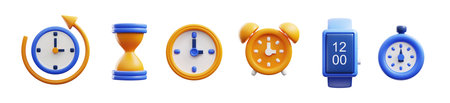 Set of various clocks and watches in cute 3d style, vector illustration isolated on white...