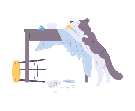 Pet mess, overturned chair, broken plate from dining table and torn tablecloth, vector disorder from play naughty dogのイラスト素材
