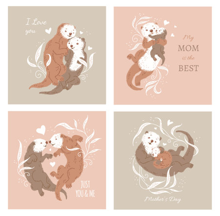 Cards for Mothers and family day with sea otters flat vector illustration.のイラスト素材