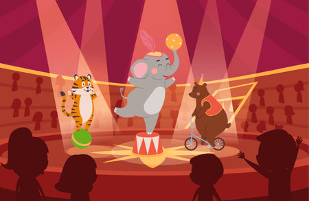 Tiger on ball, bear on bicycle, elephant holding ball, cartoon circus animals performing on stage vector illustrationのイラスト素材