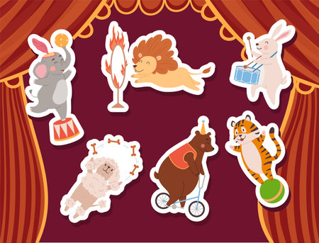 Tiger on ball, bear on bicycle, elephant holding ball, vector cartoon circus animals acrobat performing tricks stickersのイラスト素材