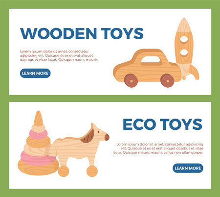 Cards with wooden toys, vector illustrations, isolated on white.のイラスト素材