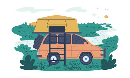 Landscape, car for travel, vector illustration in cartoon flat style.のイラスト素材