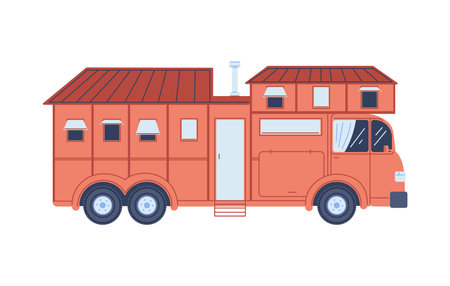 Big red camper van flat style, vector illustration isolated on whiteのイラスト素材