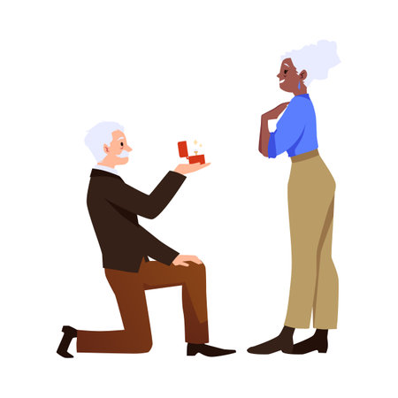 Elderly senior man makes marriage proposal, flat vector illustration isolated.のイラスト素材