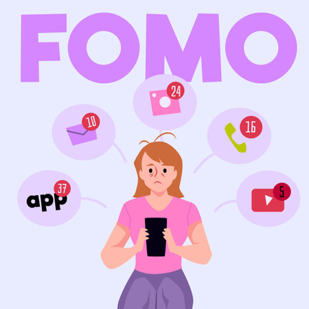 FOMO fear of missing out, Phenomenon of social addiction to gadgets, anxiety worry, psychological phobia vector posterのイラスト素材