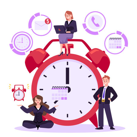 Efficiency productivity and time management vector, Business woman with laptop sitting on a huge alarm clockのイラスト素材