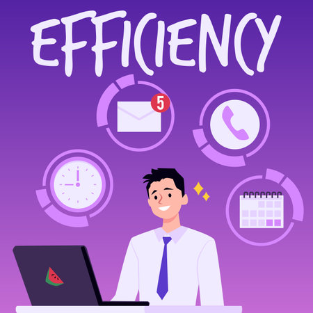 Busy manager or businessman with laptop writing notes, doing tasks calls messages, Efficiency multitasking vector posterのイラスト素材