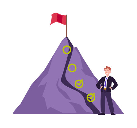 Businessman posing near the mountain with red flag and checkmarks, vector time management to increase productivityのイラスト素材