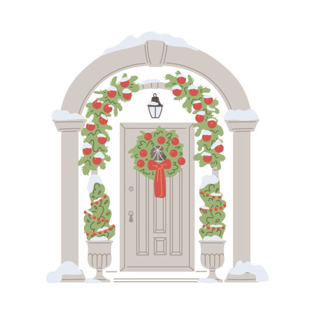 Beautiful winter arch with door, decorated with garlands and Christmas wreathのイラスト素材