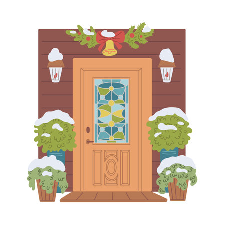 Front door with pot plants, lanterns and holiday decoration covered with snow.のイラスト素材