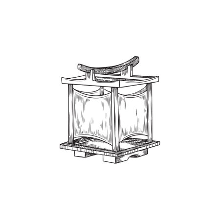 Japanese lantern with wooden case, engraved traditional Asian lamp decorations, vector black hand drawn illustrationのイラスト素材