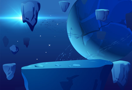 Space landscape, rocks and planets, vector background, flat cartoonのイラスト素材