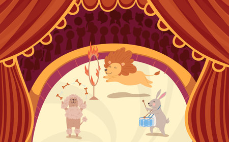 Circus arena with trained animal performance, cartoon flat vector illustration.のイラスト素材