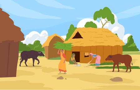 Indian rural landscape, vector illustration in flat cartoon styleのイラスト素材