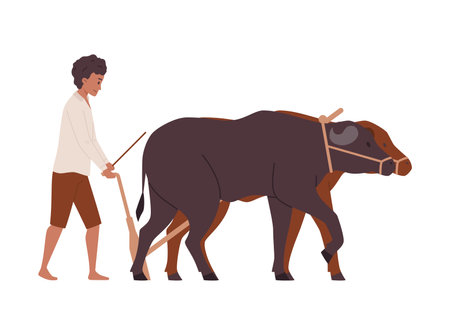 Young man plowing field with buffaloes, flat vector isolated on whiteのイラスト素材