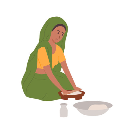 Indian rural woman cooking food with traditional way of baking flatbread, rolls out the dough, Asian housewife vectorのイラスト素材
