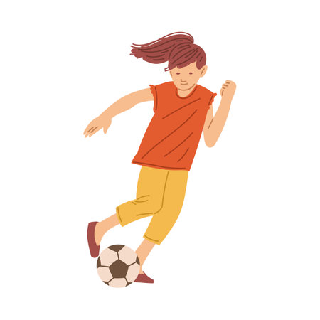 Smiling kid girl playing soccer flat style, vector illustrationのイラスト素材