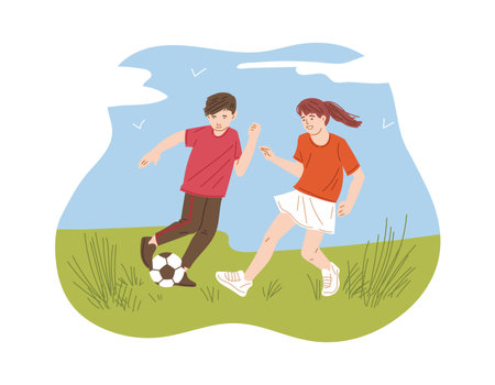 Young people, girl and guy play football, vector illustration on whiteのイラスト素材