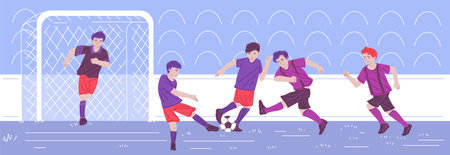 Boys playing soccer, kicking ball, gate with goalkeeper at the stadium, children play sport competition game vectorのイラスト素材
