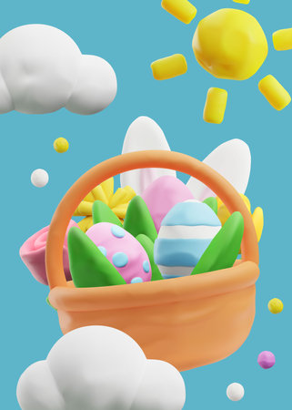 Postcard about Easter with decorated eggs and flowers in plasticine basketのイラスト素材